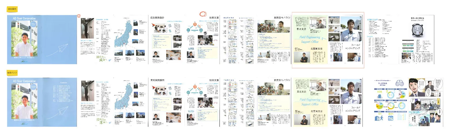 既存の会社案内（上）と採用パンフレット（下）の比較